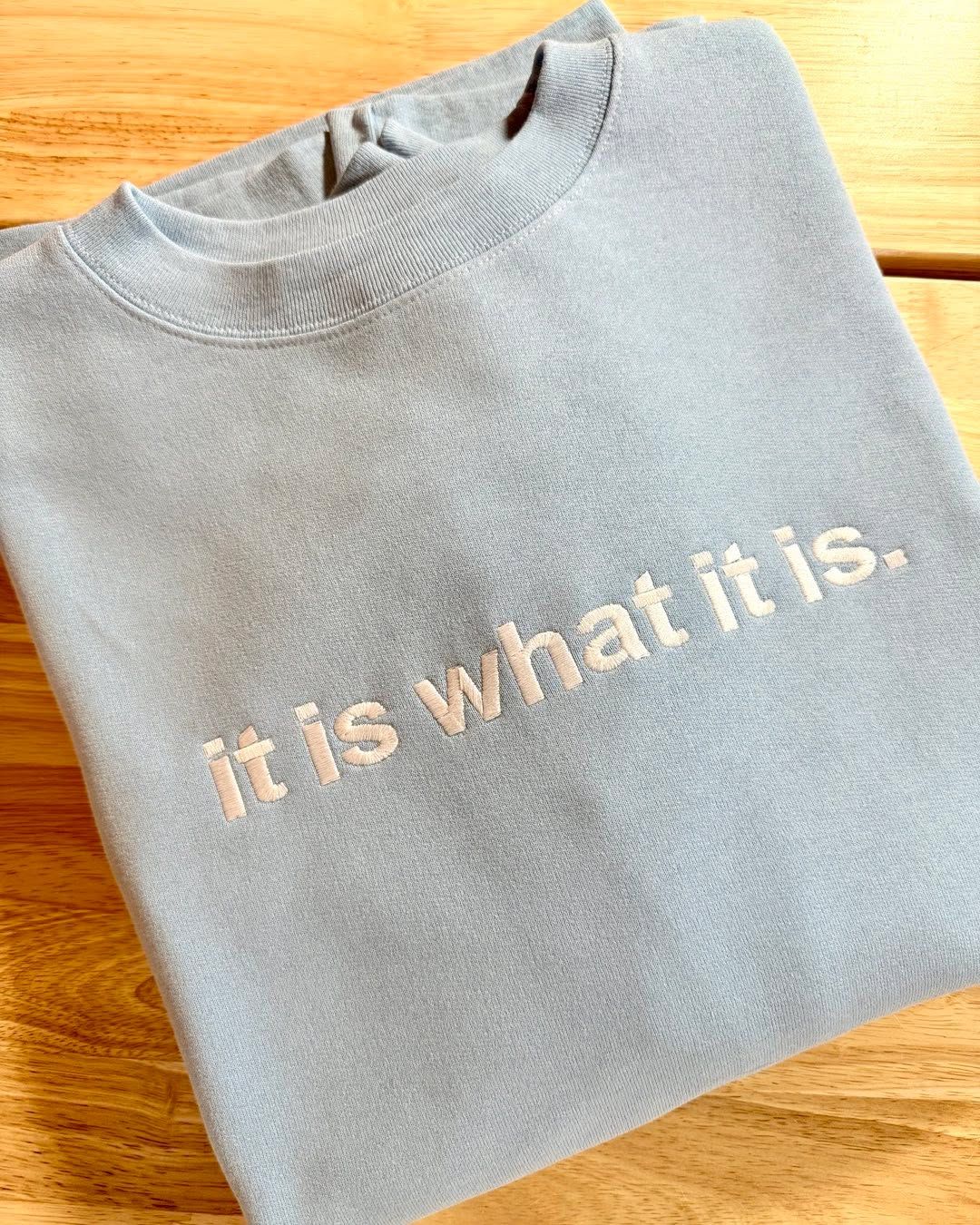 Grey sweatshirt with cream sans serif embroidered lettering — Pinterest inspiration