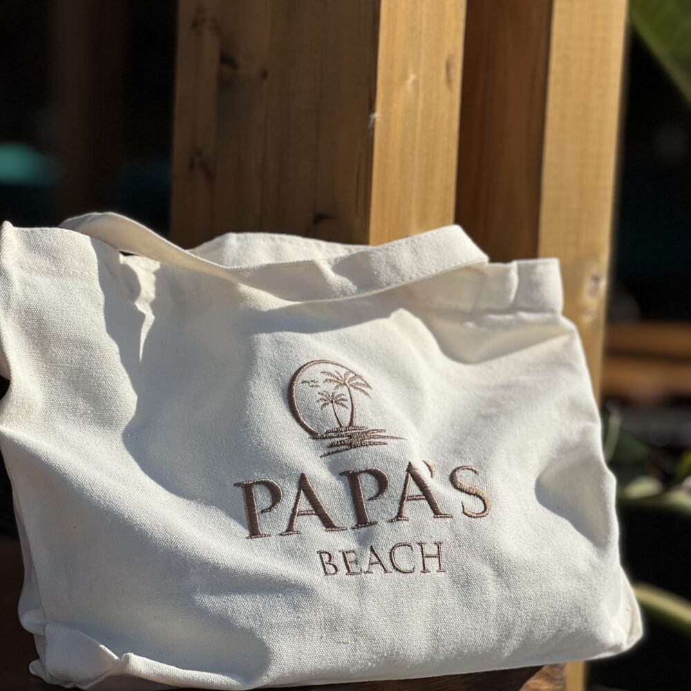 Cream tote with embroidered PAPAS Beach branding