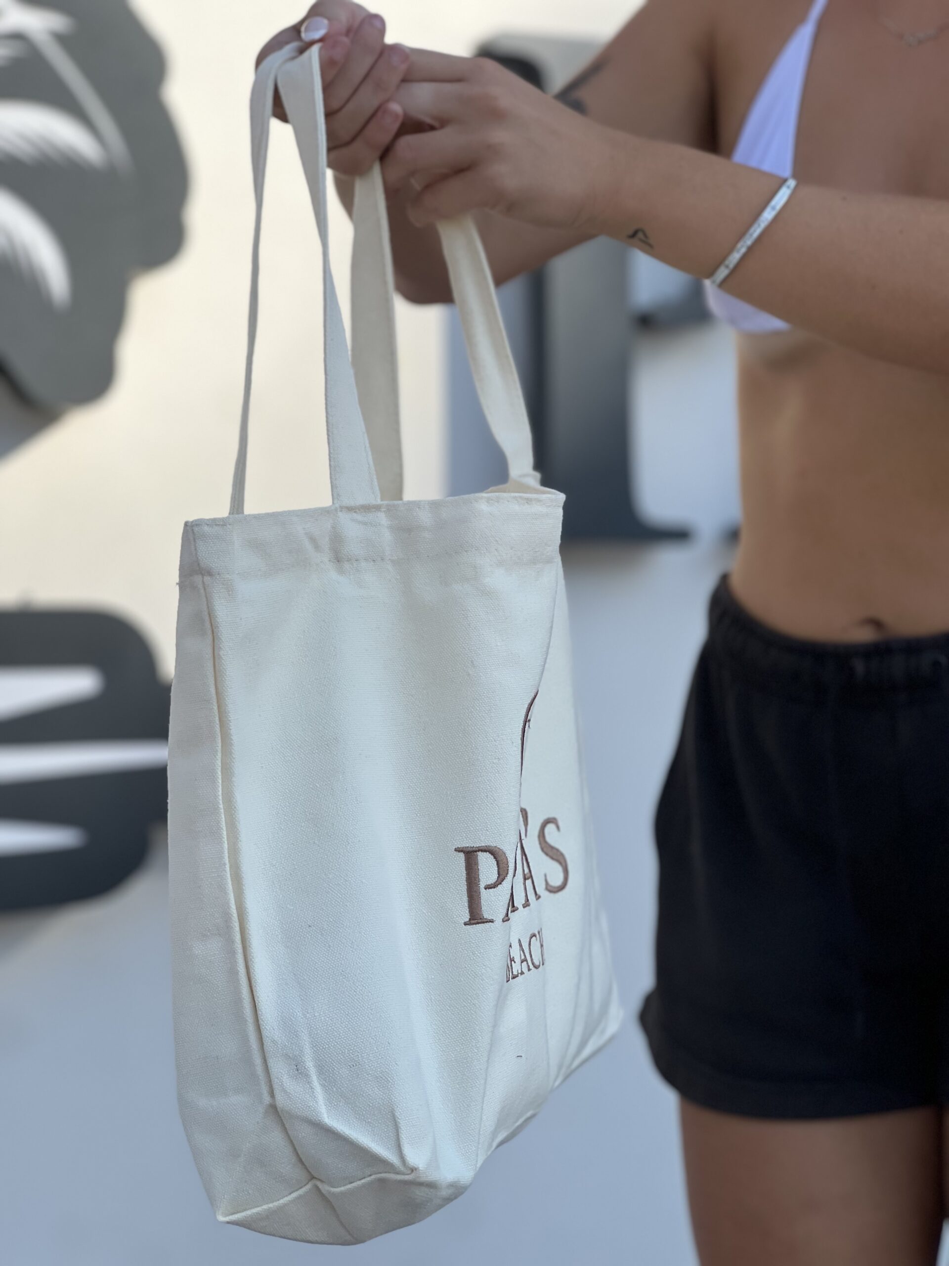 Cream tote with embroidered PAPAS Beach branding