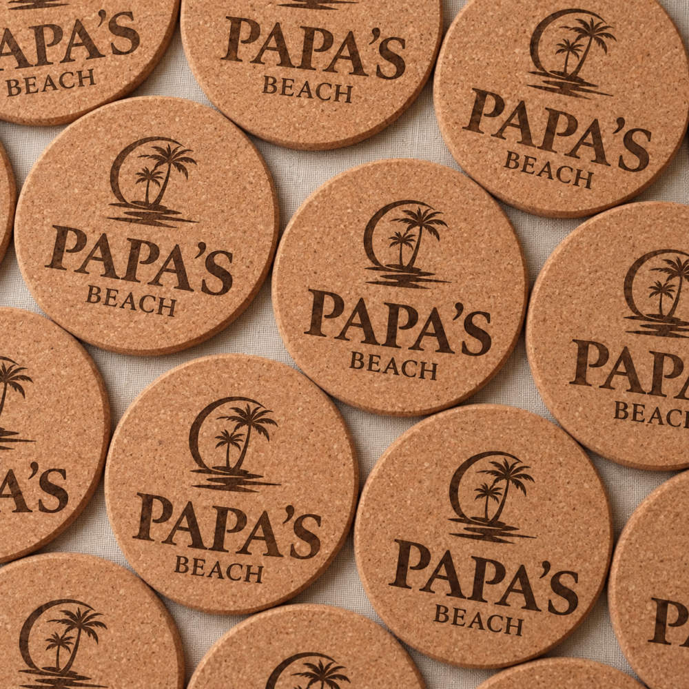 Laser-engraved cork coaster with PAPAS Beach logo