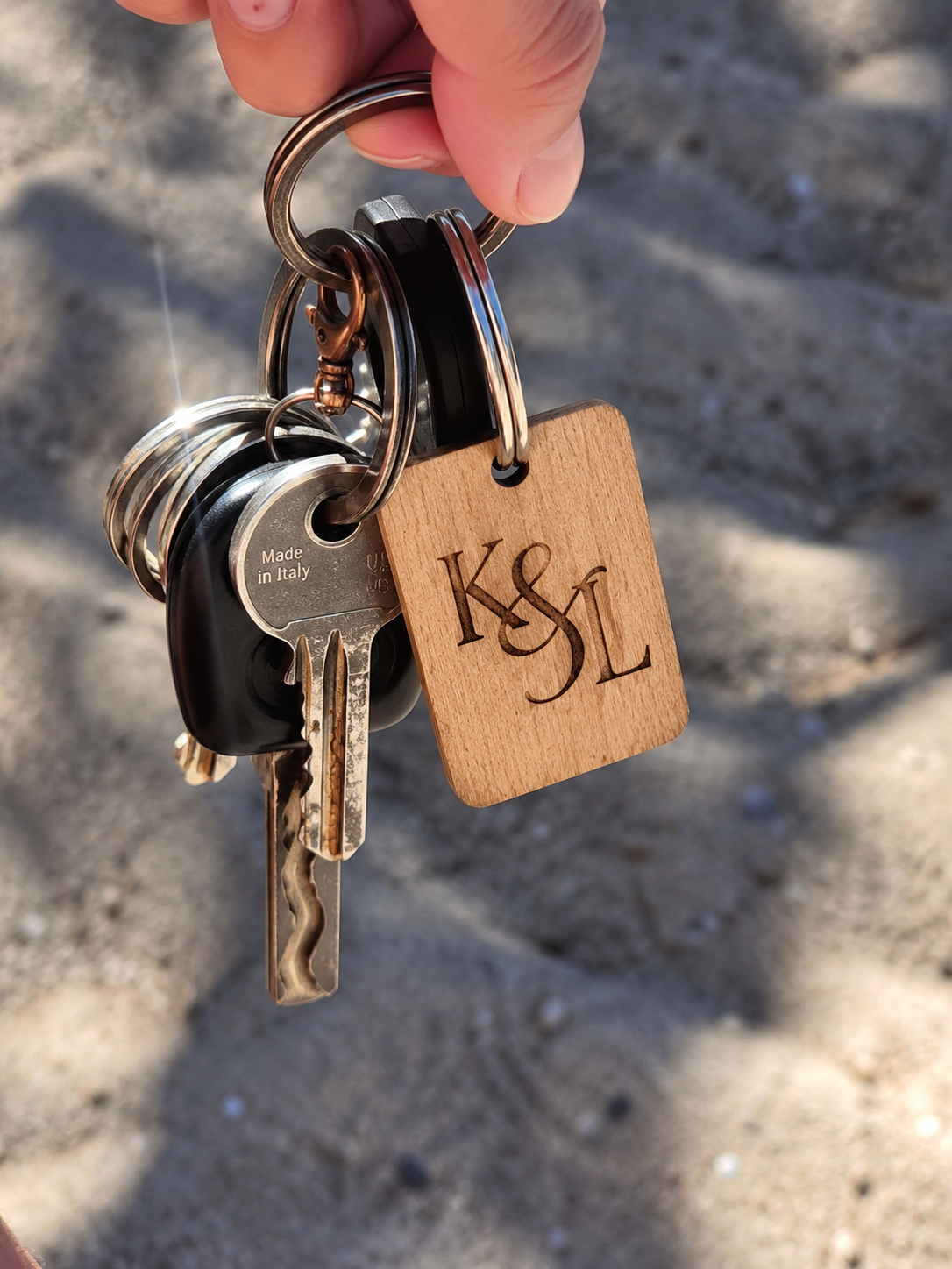 Laser-engraved wooden wedding keychain, Design 2 — initials with ampersand