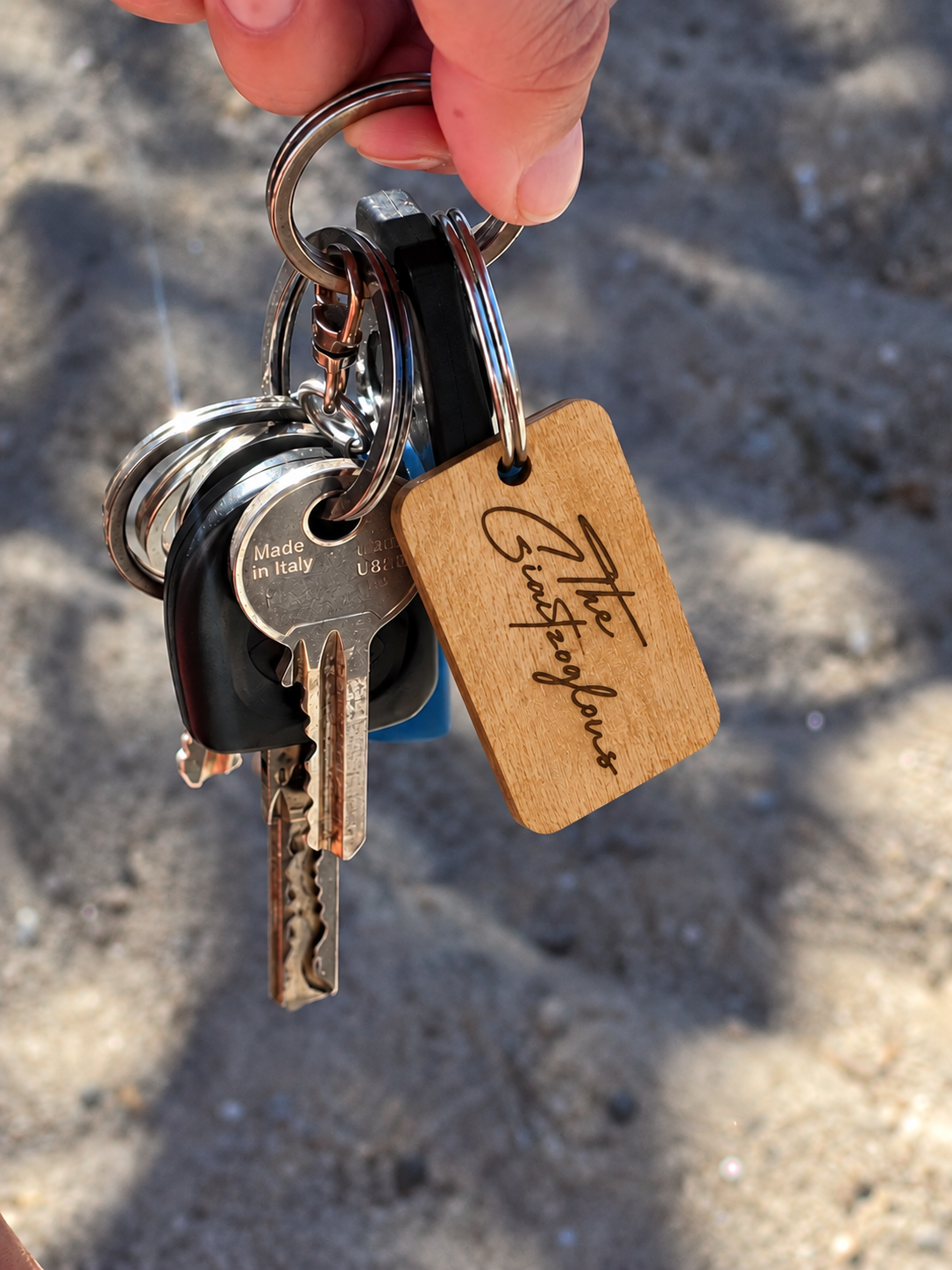 Laser-engraved wooden wedding keychain, Design 4 — The and your last name