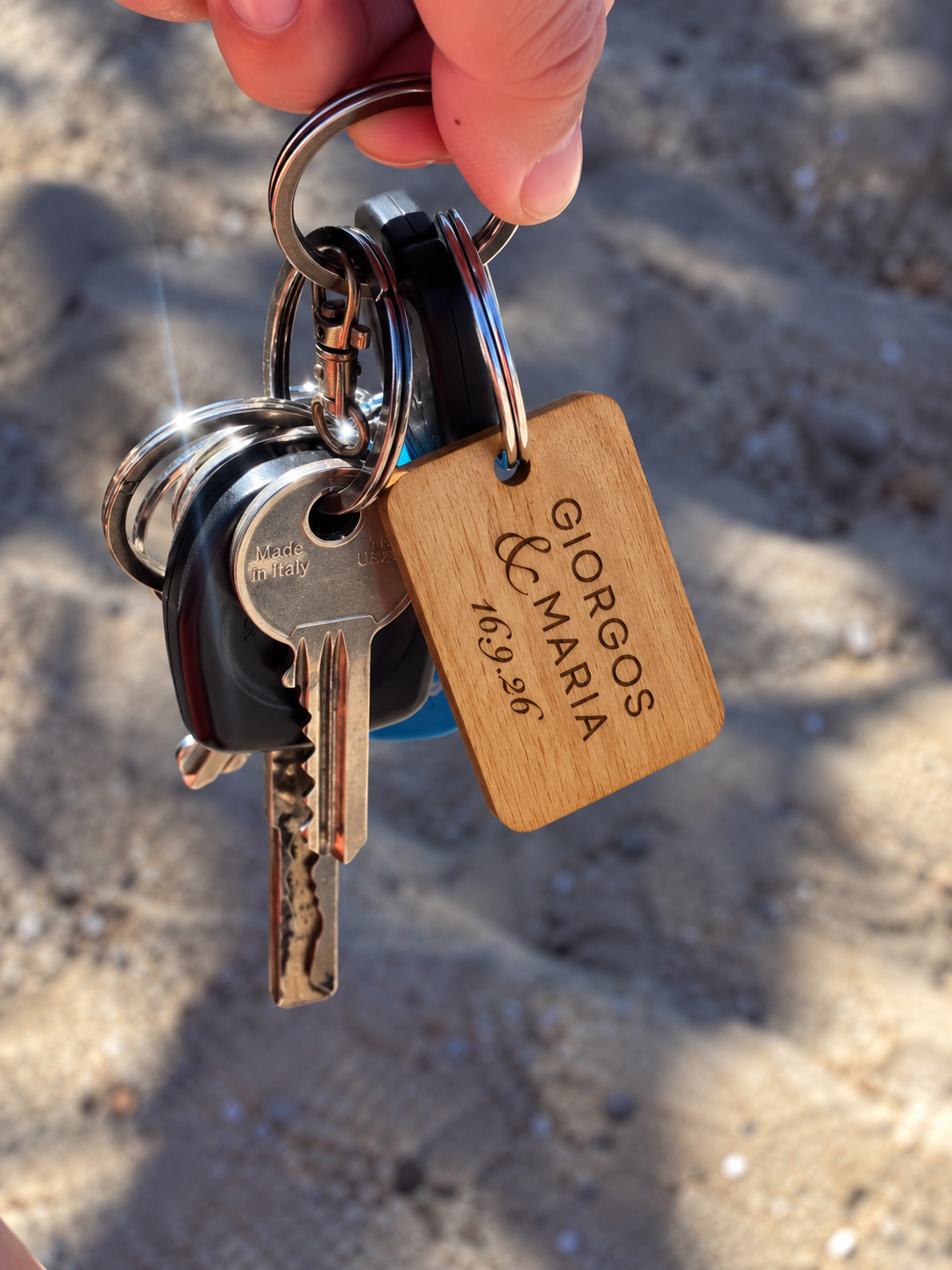 Laser-engraved wooden wedding keychain, Design 5 — names and wedding date