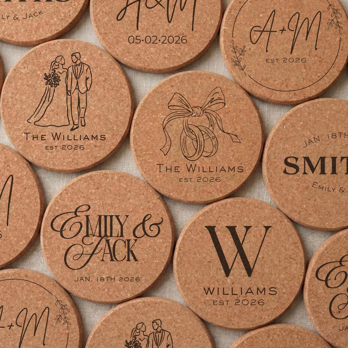 Personalised cork coasters with wedding names, dates and illustrations